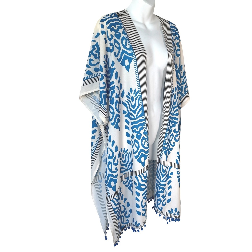 Womens Boho Festival Kimono Cardigan Blue Pom Pom Trim Open Front Coverup Summer
